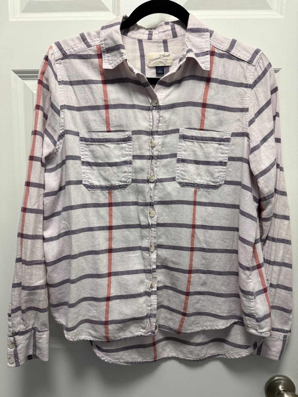Universal Thread Light Plaid Button-Up Shirt - White w/ Blue and Coral Stripes S